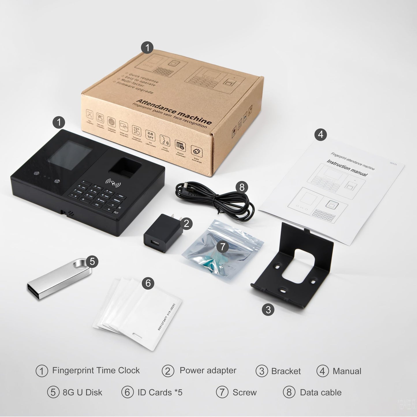 JIAN BOLAND Employee Time Clock, Fingerprint Badge Attendance Machine, 0 Monthly Fee Office Punch Clock for Small Business, 5 Badges Included - T200