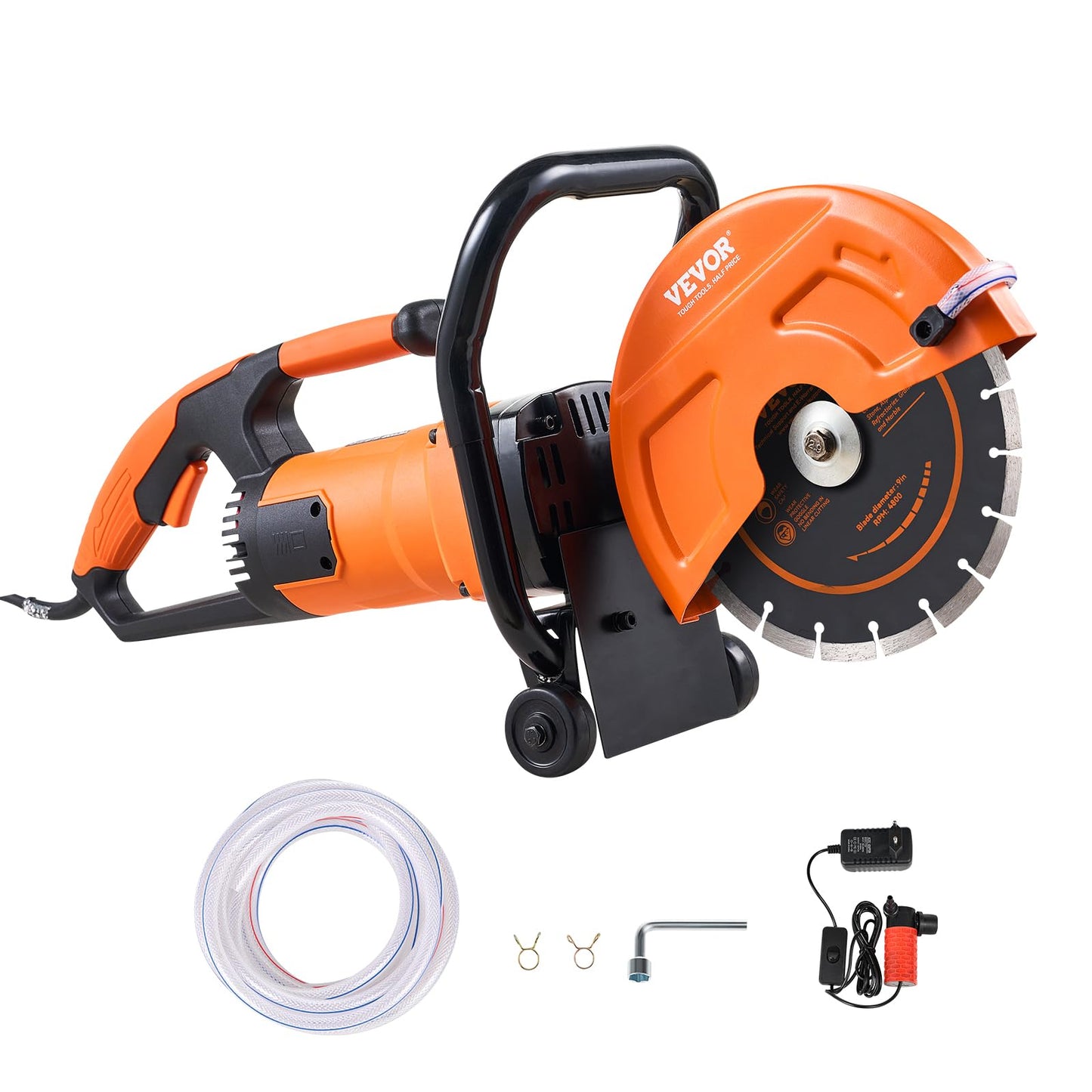 VEVOR Electric Concrete Saw, 9 in Circular Saw Cutter with 3.5 in Cutting Depth, Wet/Dry Disk Cutter Includes Water Line, Pump and Blade, for Stone, Brick, Porcelain, Concrete, 1800W Motor