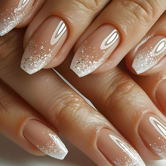 Press On Nails Medium Ballet White Glitter Powder Gradient Stick On False Nude French Coffin Acrylic Full Cover Artificial Reusable Glue On for Women