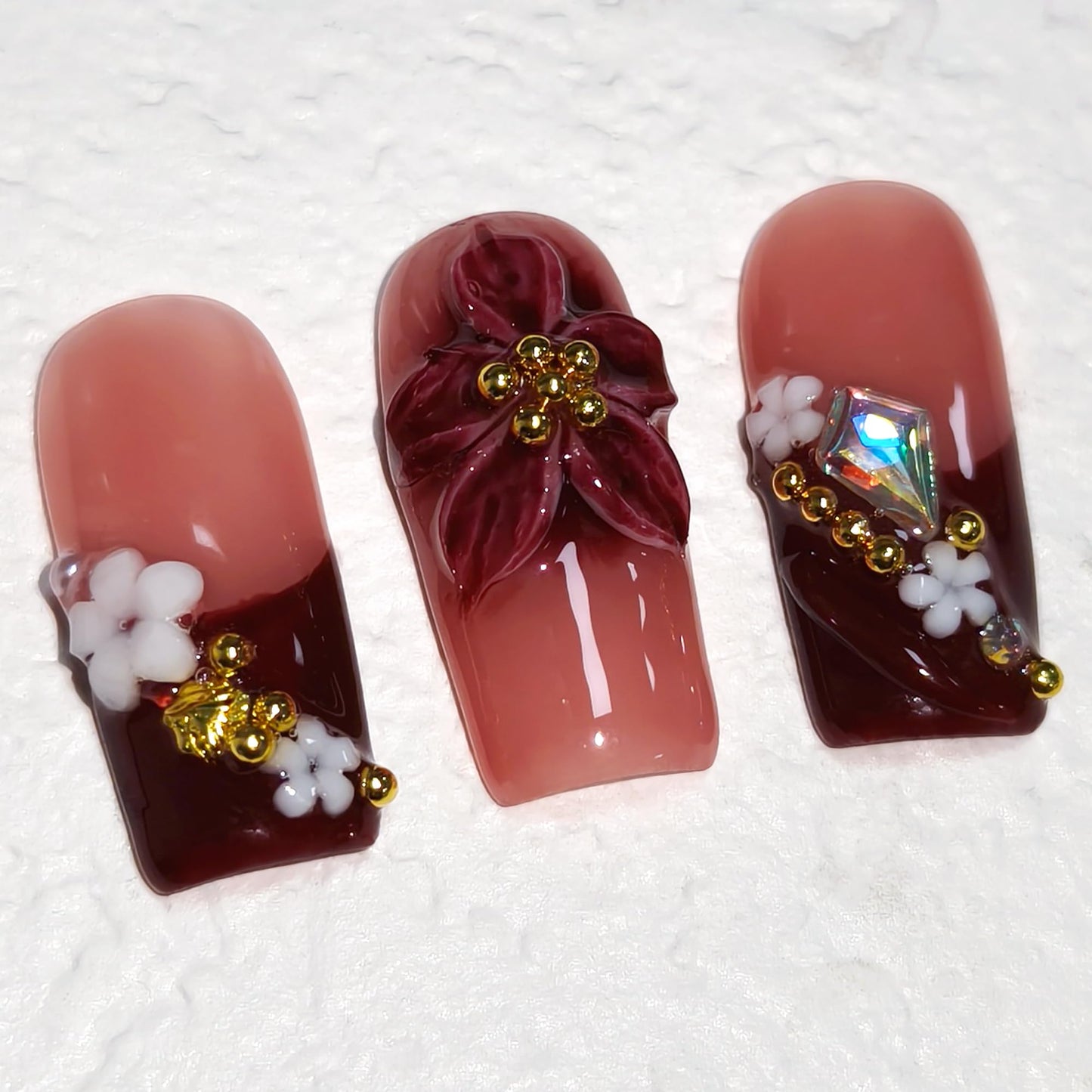TENPAL Wine Red French Tips Press on Nails Medium Coffin, Ombre 5D Flower Pearl Sweet Sexy Glitter Handmade Fake Nails Reusable Daily Wear Salon Acrylic False Nails for Women 10PCS(M)