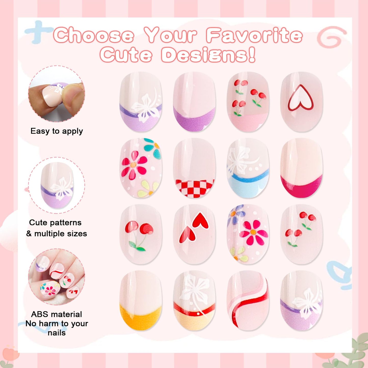 SIUSIO 3Pack Children Acrylic Fake Nails, 72pcs Press on Full Cover Cherry French Tips Short Almond False Nail Art Kits Set with Sticker Tabs Nail Glue Gel for Kids Little Girls Women - Floral Cherry