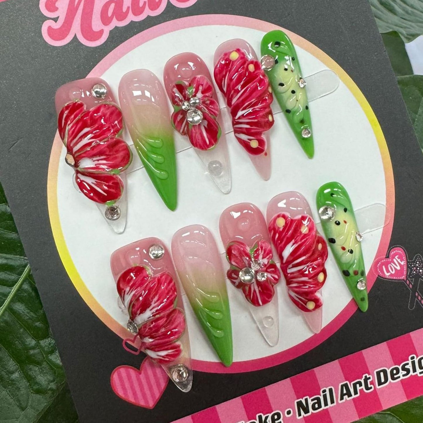 Luxury Press on Nails Long Stiletto Handmade 3D Unique Reusable ABS Material Fake Nails False Nails with Designs Red Floral Rhinestones Glossy Glue on Nail Thick Acrylic Nail(M)