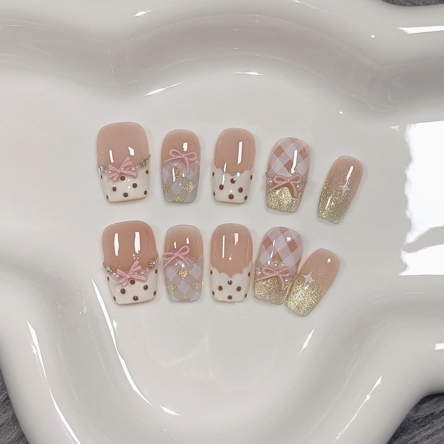 TENPAL 10Pcs Y2K Short Medium Coffin Press On Nails With Tools Kit,Light Pink Cat Eye French Fake Nails with Dot Bow Plaid Pattern,K-Beauty Acrylic Glue on Nails for Wedding Party Daily Wear(S)