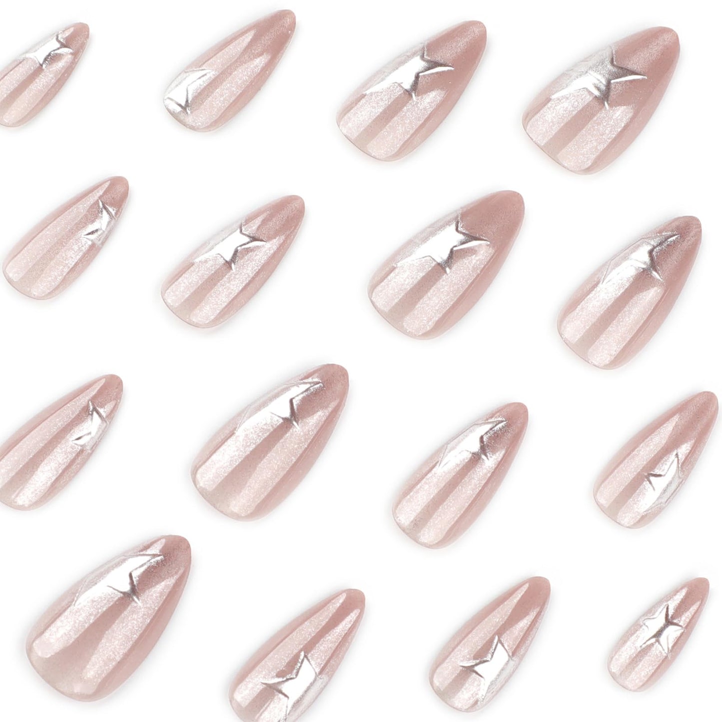 Mivota Medium Press on Nails Almond Cat Eye Nude Fake Nails Glossy Glue On Nails with 3D Silver Star Nail Art Designs, Decorative Thick Reusable Glossy Full Cover Stick on Nails for Women 24Pcs