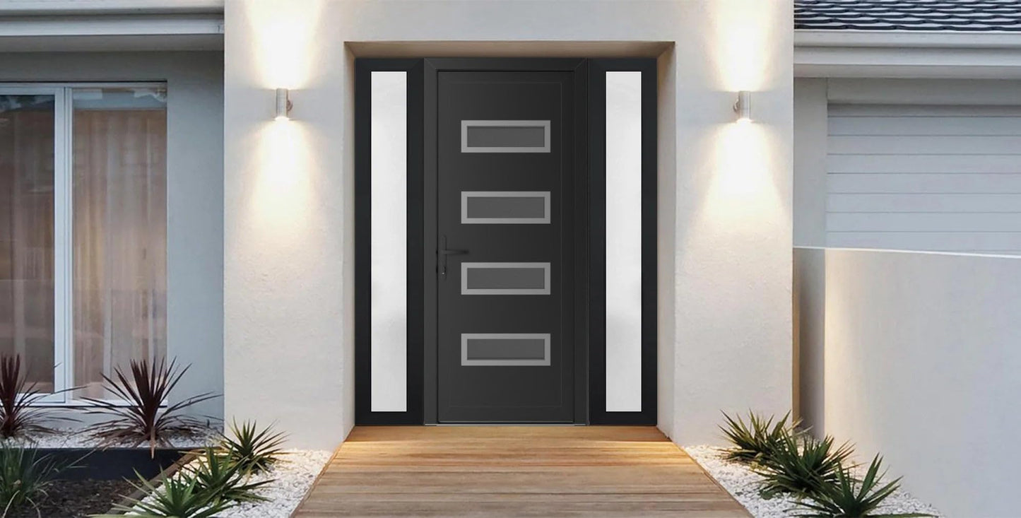 VDOMDOORS Front Exterior Prehung Metal-Plastic Door Frosted Glass | Manux 8113 Matte Black | 2 Side Sidelite Transoms | Residential Doors Entrance Patio Garage 64 x 80 (W14+36+14 x H80) Right-Inswing