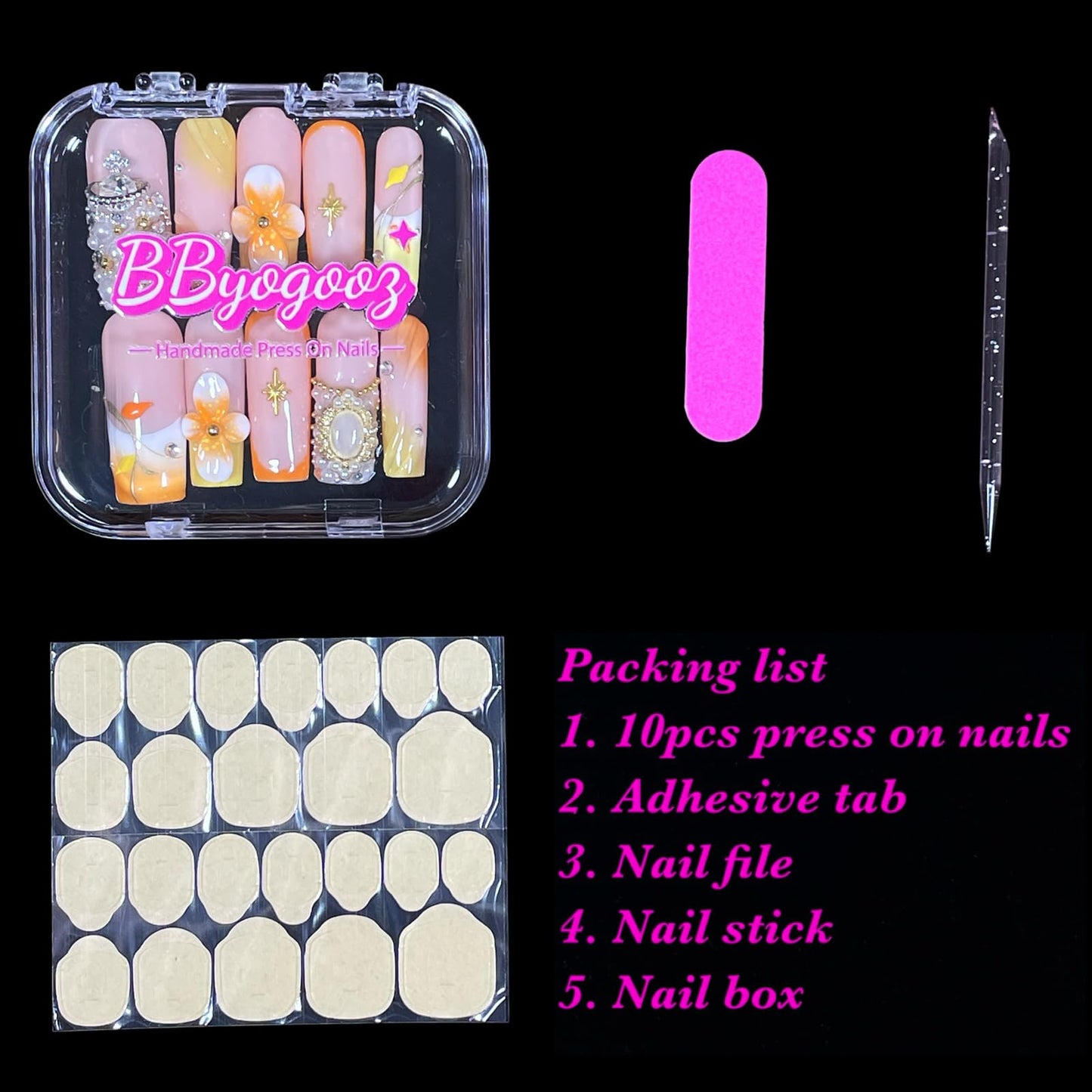 Handmade Press On Nails Medium/Long Square – Orange & Yellow 3D Floral Design with Diamonds, Pearl Chains & Retro Accents | Reusable Acrylic False Nails Gift for Women & Girls (S size)