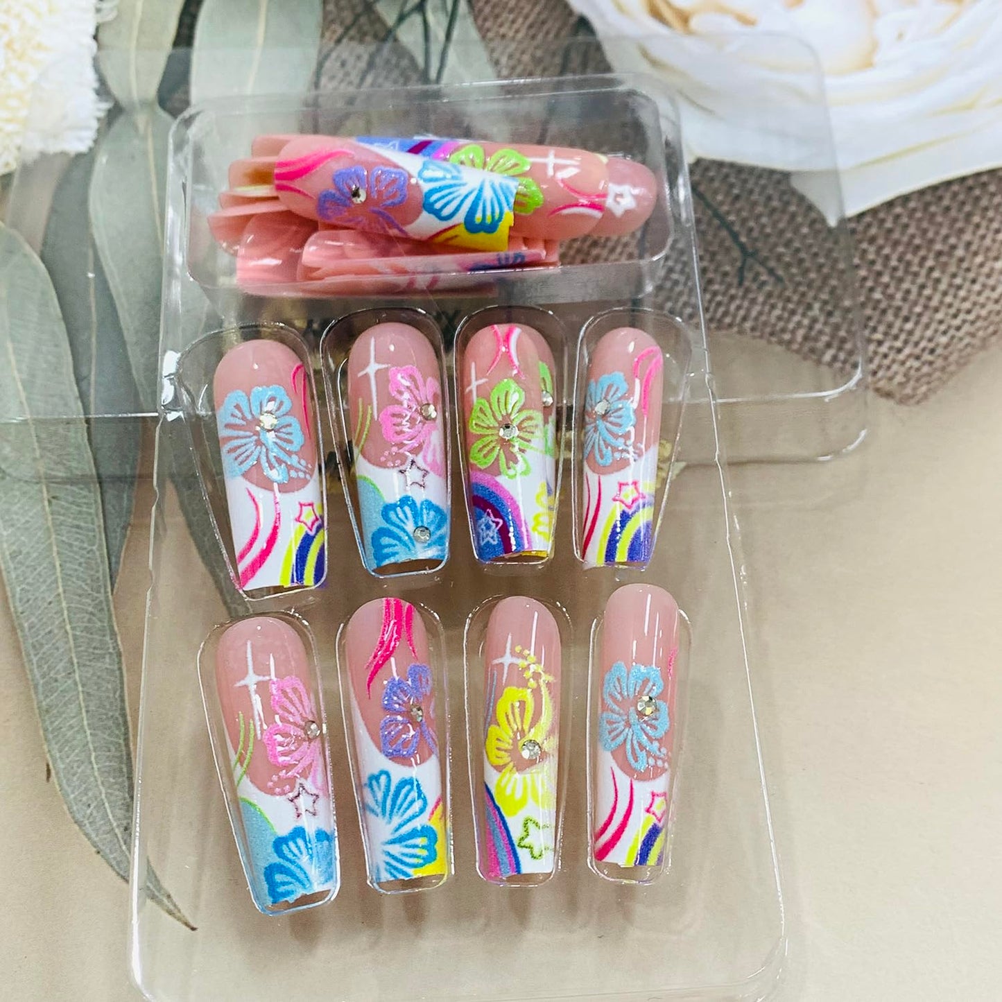 EYZOTSF Press on Nails Long Coffin Shaped Acrylic Square False Nails with Designs Artificial Extra Long Length Coffin Fake Nails with Charms Glue Stick ons Fingernails for Women Girls(JB630)