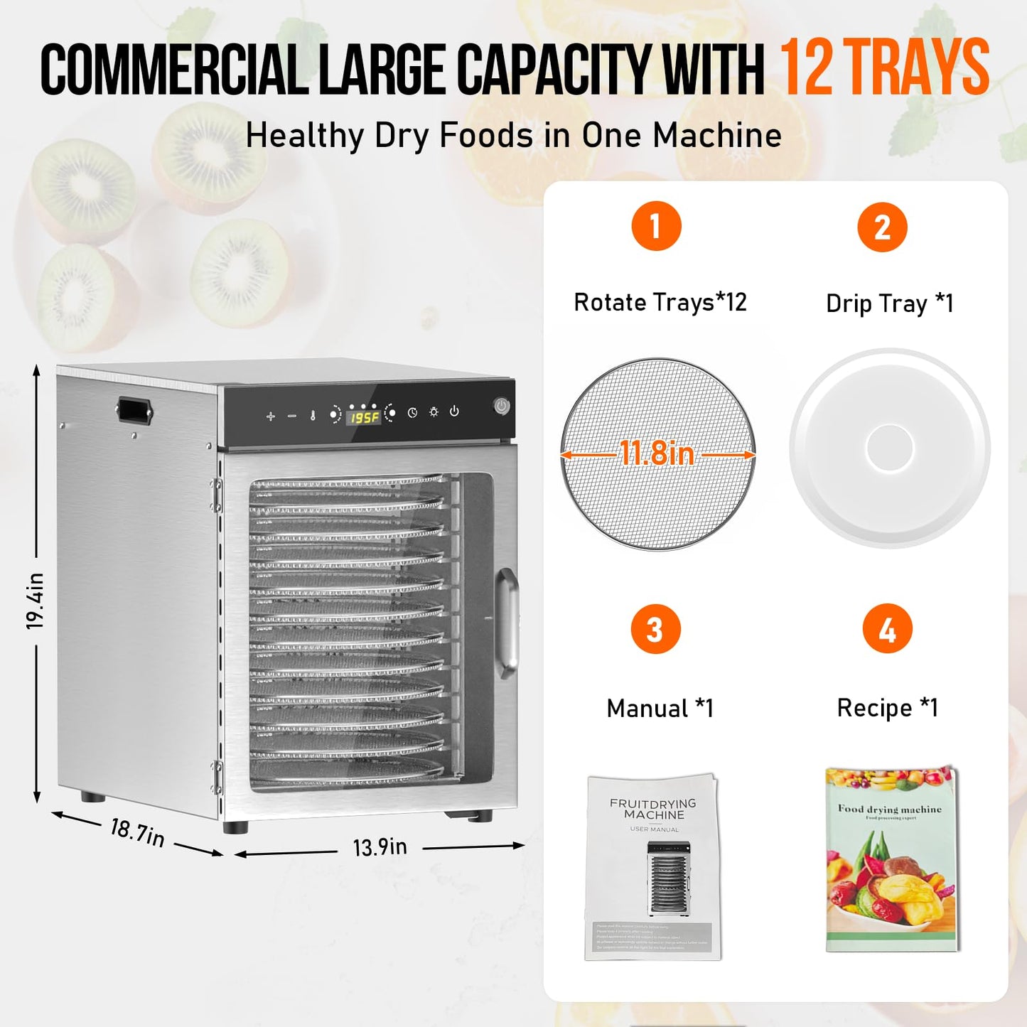 Prenafla Food Dehydrator 12 Trays - 360° Rotary Meat Dehydrator for Jerky with 194°F Temp & 24H Time Control, 800W Even Heating Food Dryer Machine for Herbs, Fruit, Meat, Yogurt, Silver