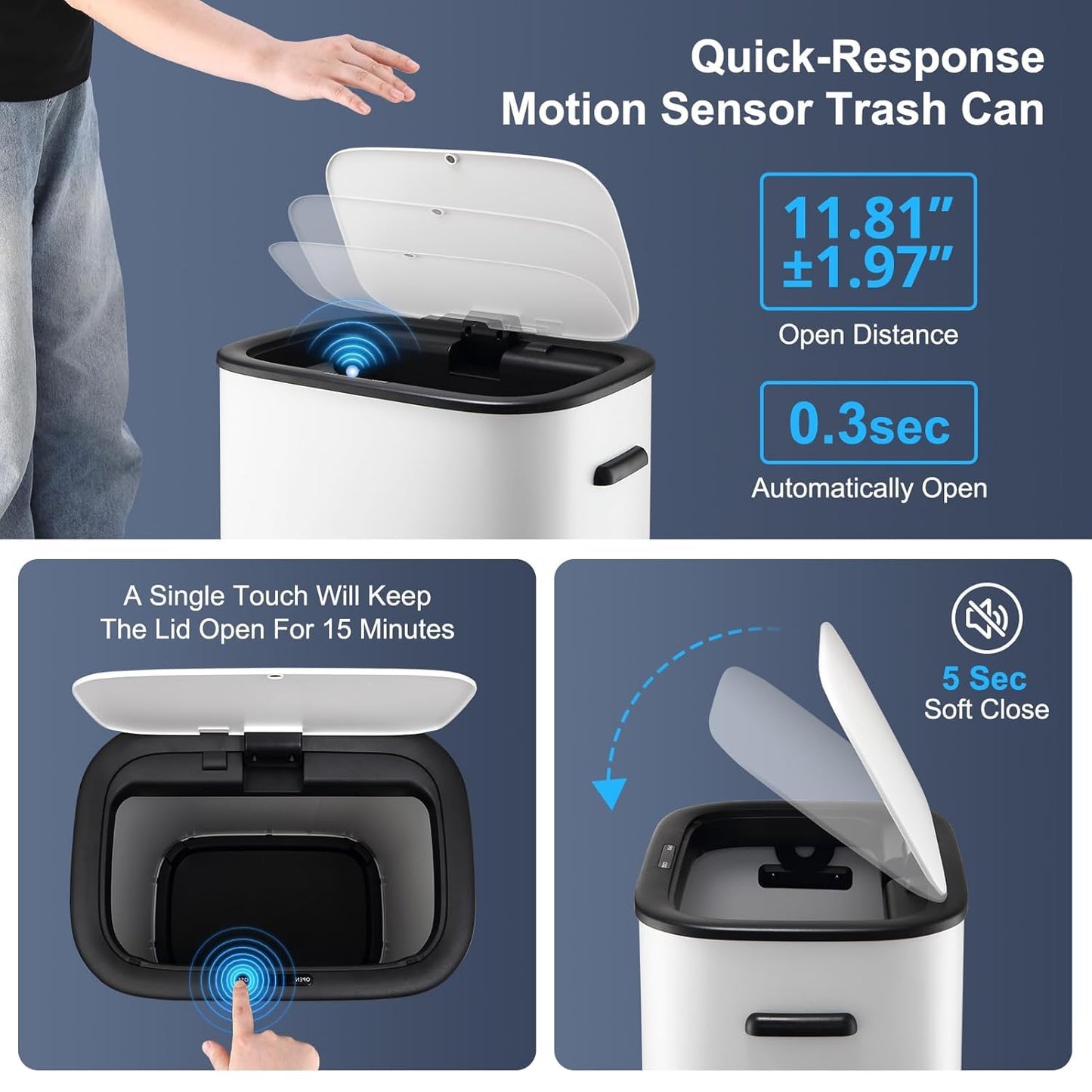 DYTesa Kitchen Trash Can with Lid, Automatic Motion Sensor Trash Can for Kitchen Home Office, Bedroom, Living Room, Smart Garbage Can Touchless High-Capacity Waste Bin, 55L/14.5 Gallon, White