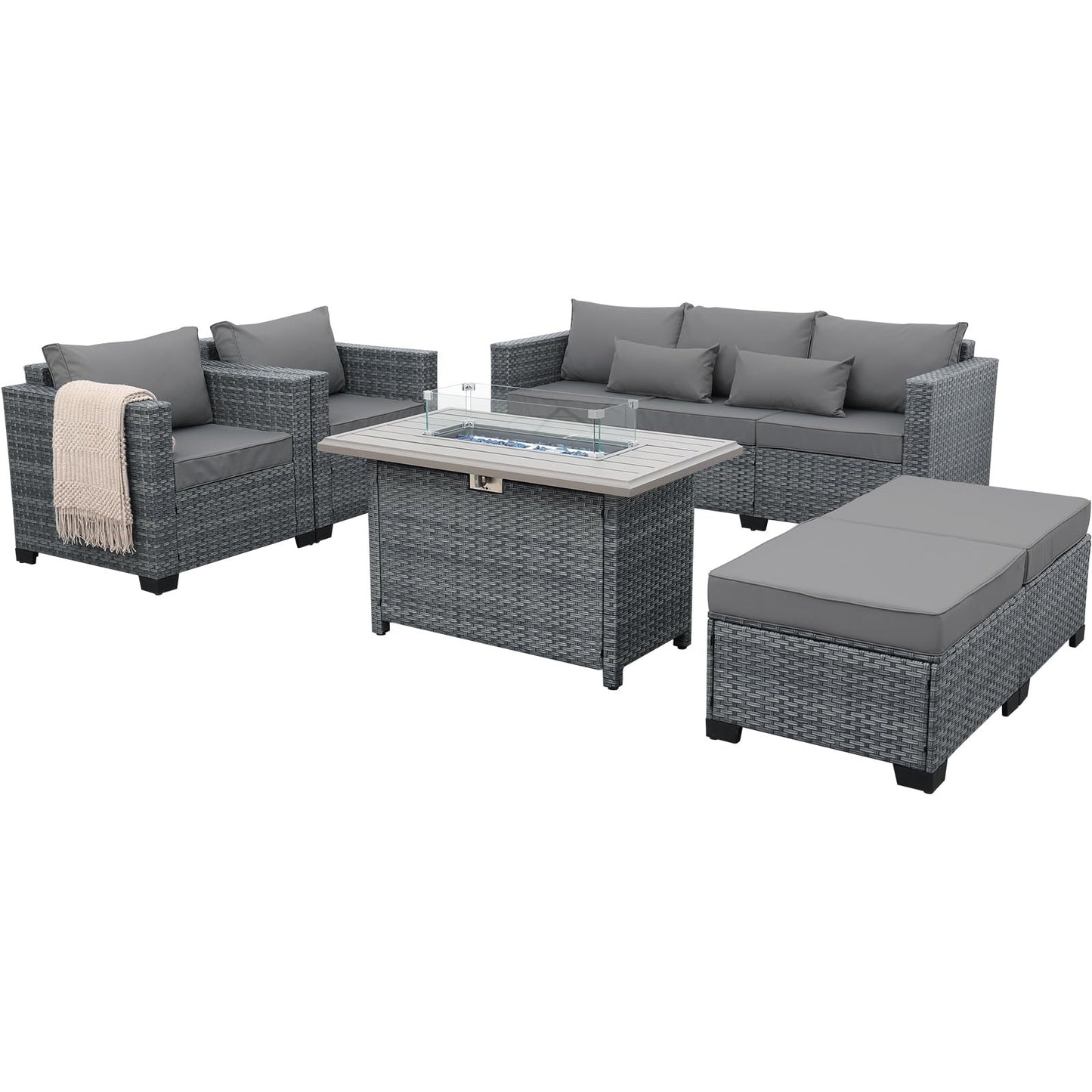 Lviden 6 Pieces Wicker Patio Furniture Sets Outdoor Conversation Set HDPE Rattan Sectional Sofa Couch with 45" Fire Pit Table and Grey Cushions