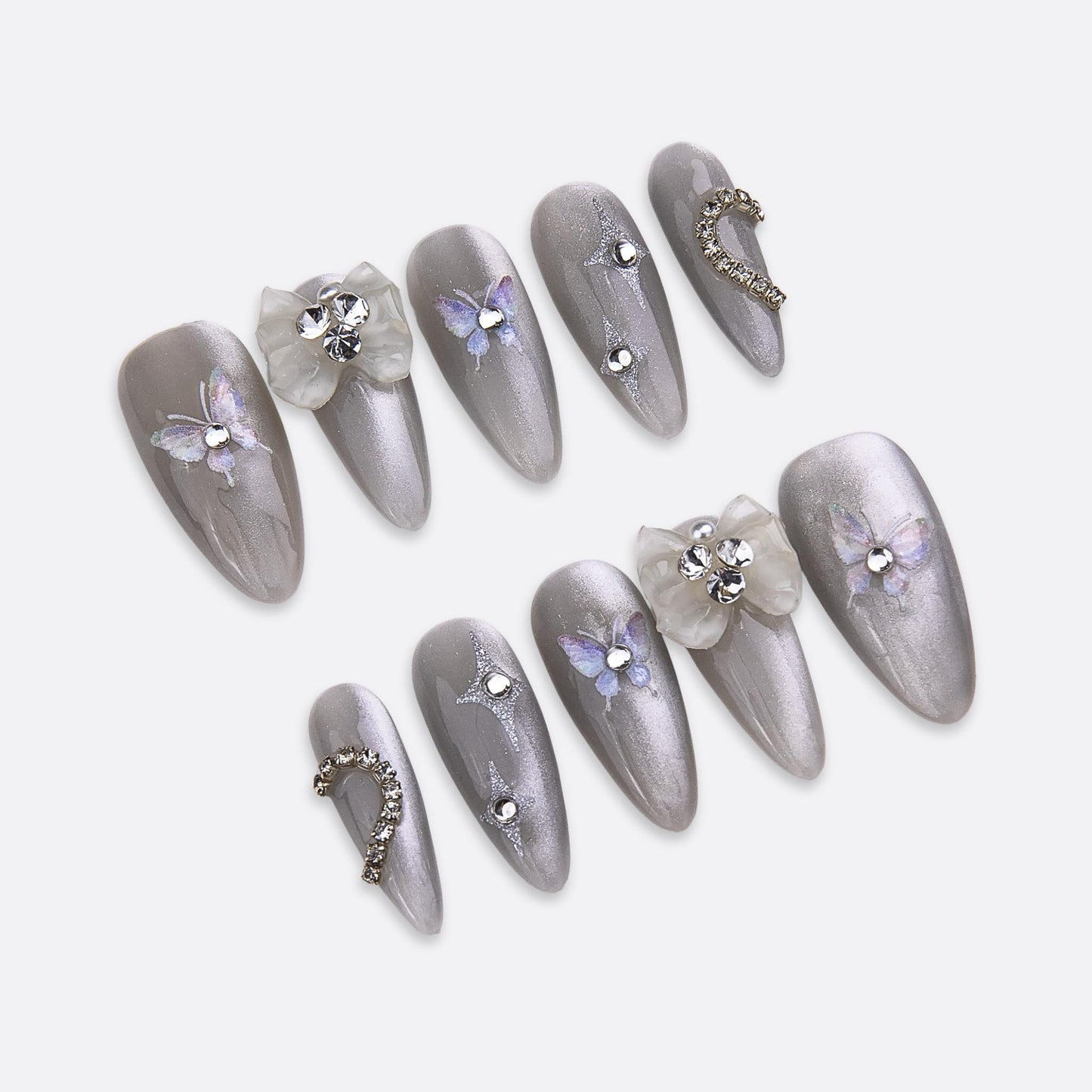 SIYOU Beauty | Shine Petals | Silver and White Rhinestone Floral Long Almond Press On Nails for Women (Medium) - Reusable, Salon-Quality Fake Nails (10pc)