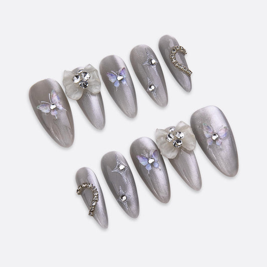 SIYOU Beauty | Shine Petals | Silver and White Rhinestone Floral Long Almond Press On Nails for Women (Medium) - Reusable, Salon-Quality Fake Nails (10pc)