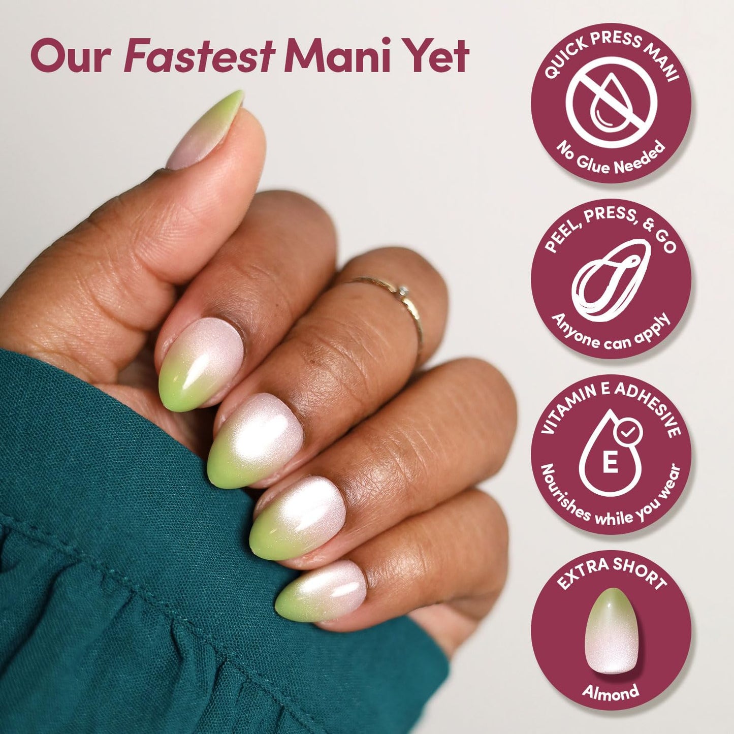 Glamnetic Quick Press Mani - No Glue Press On Nails, Just Peel and Stick, Almond Extra Short Nails, Mess Free, Salon Quality Stick On Nails, Lime Beam | in 15 Sizes - 30 Nail Kit | Gift For Mom