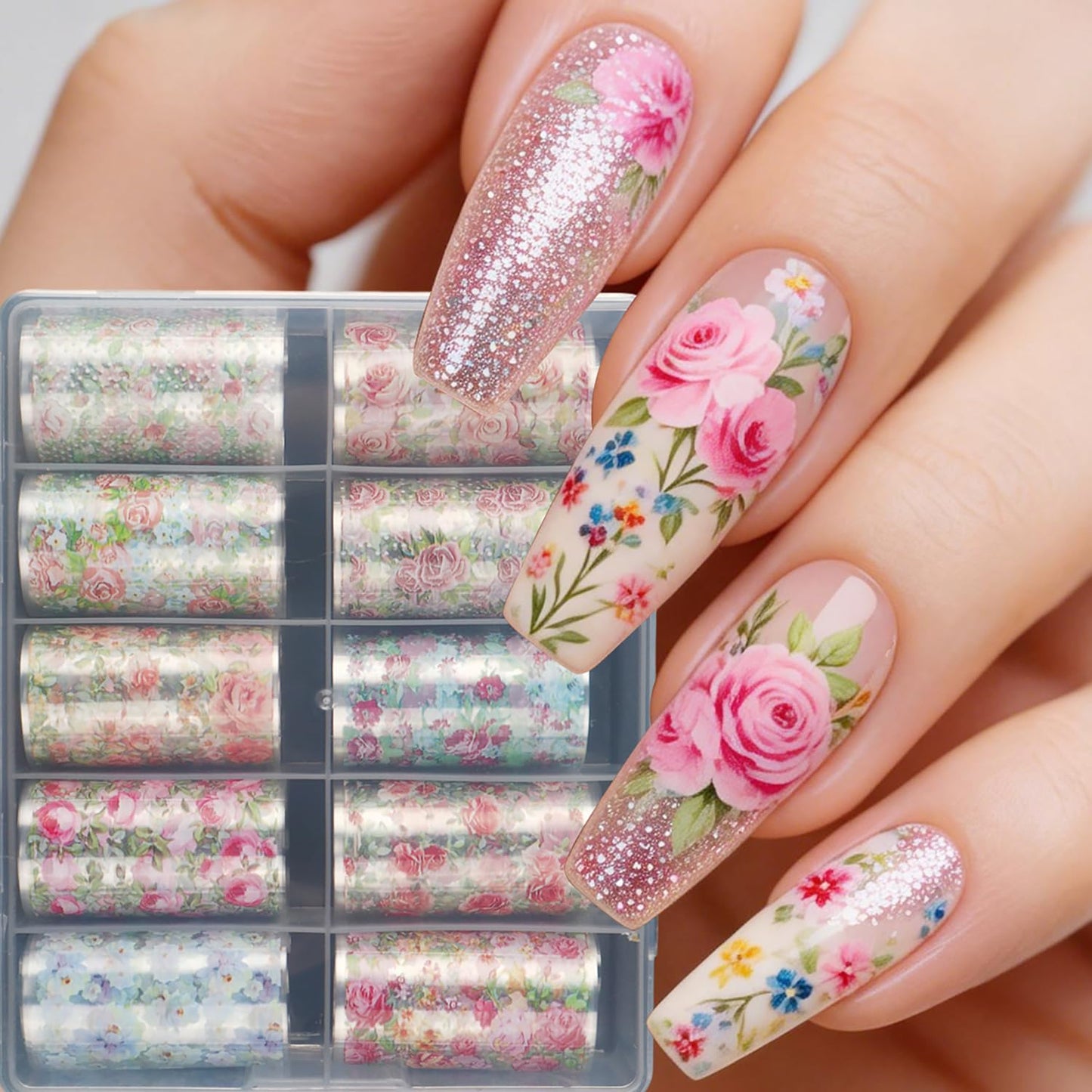 10 Rolls Flower Nail Foil Transfer Stickers Spring Flowers Nail Art Foil Decals Cute Floral Nail Art Supplies Decoration Summer Nail Transfer Foil Stickers for Women DIY Manicure Accessories