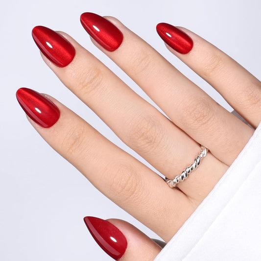 Red Cat Eye Press On Nails Almond - Short Almond Fake Nails with Nail Glue, Red Cateye Press On Nails Reusable Stick On Nails in 16 Sizes 32 Nail Kit for Women & Girls | Salon Quality