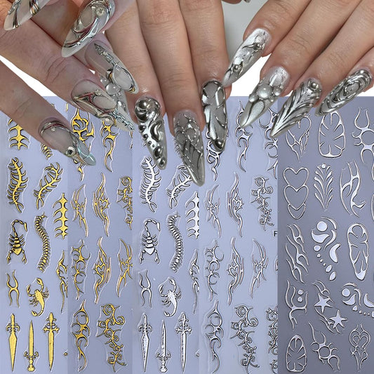 5 Sheets Gothic Nail Stickers for Nail Art, 3D Self-Adhesive Nail Decals Gold Silver Witchy, Nail Supplies Nail Art Designs Accessories for Women and Girls Manicure DIY Decoration