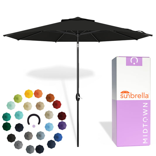 Midtown Umbrellas - The Lean 9 Ft Patio Umbrella with Fade-Resistant Sunbrella Fabric, Auto-Tilt Aluminum Frame and 8 Reinforced Ribs for Deck, Pool & Garden - Black Canopy, Black Pole