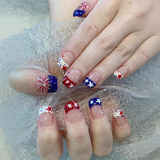 24Pcs 4th of July Press on Nails Short Square French Tip False Nails with Red White Blue Star Firework Designs Independence Day Fake Nails Patriotic Acrylic Stick on Nails for Women Holiday Manicure