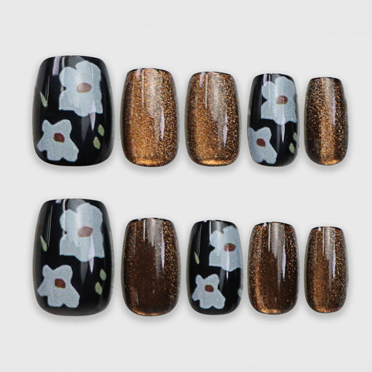 Coffin Press on Nails Short Fake Nails Brown Black Nails Press ons with Glod Glitter White Flower Deign Glossy Short Coffin Acrylic Artificial Stick on Nail for Women 24Pcs