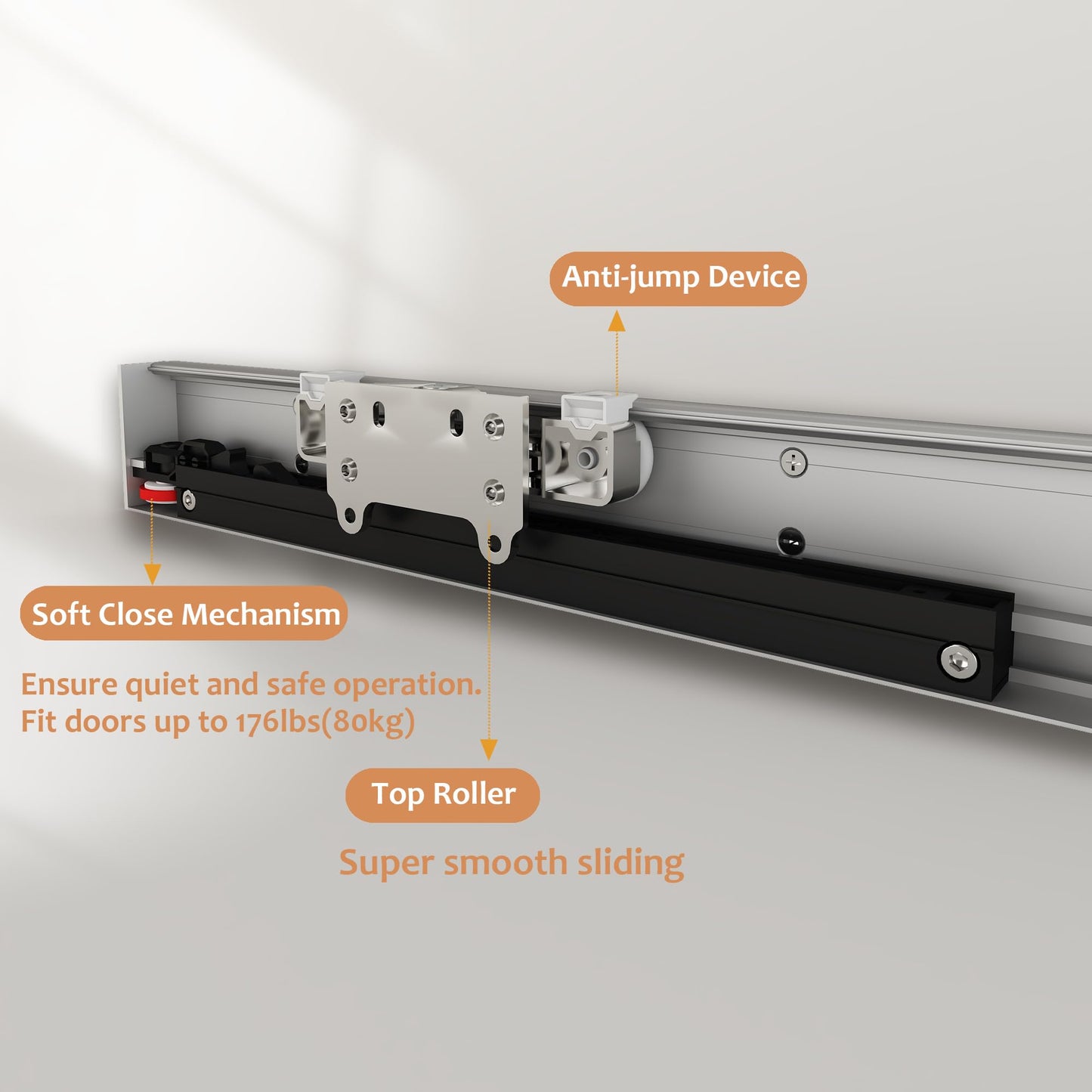 JUBEST 48" Concealed Barn Door Hardware Kit with Soft Close Mechanism, Wall Mounted Invisible Sliding Door Track for Opening Width 40" to 44", Hidden Barn Door Hardware Kit, Door Needs Groove