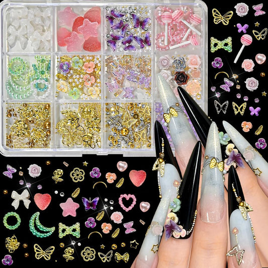 Chunmeng 3D Flat Back Nail Curse Set, Y2K Style, with Metal Butterfly, Peach Heart, Flower, Bow, and Heart Shaped - DIY Nail Decoration and Jewelry Making Mixed Nail Art Gemstone