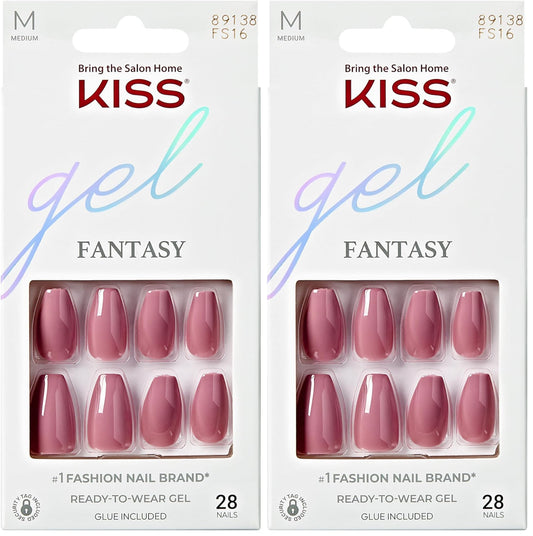 KISS Gel Fantasy Press On Nails, Nail glue included, Letter To Ur EX', Pink, Medium Size, Coffin Shape, Includes 28 Nails, 2g glue, 1 Manicure Stick, 1 Mini File (Pack of 2)