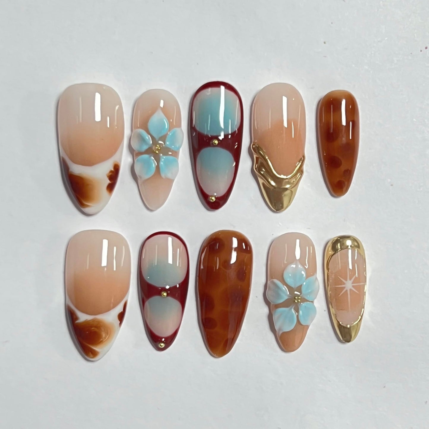 Medium Press on Nails Almond - Handmade Fake Nails with Flower Gold Line Deisgn - Ombre Brown False Nails Fall Nails Press ons for Women - (Size L)