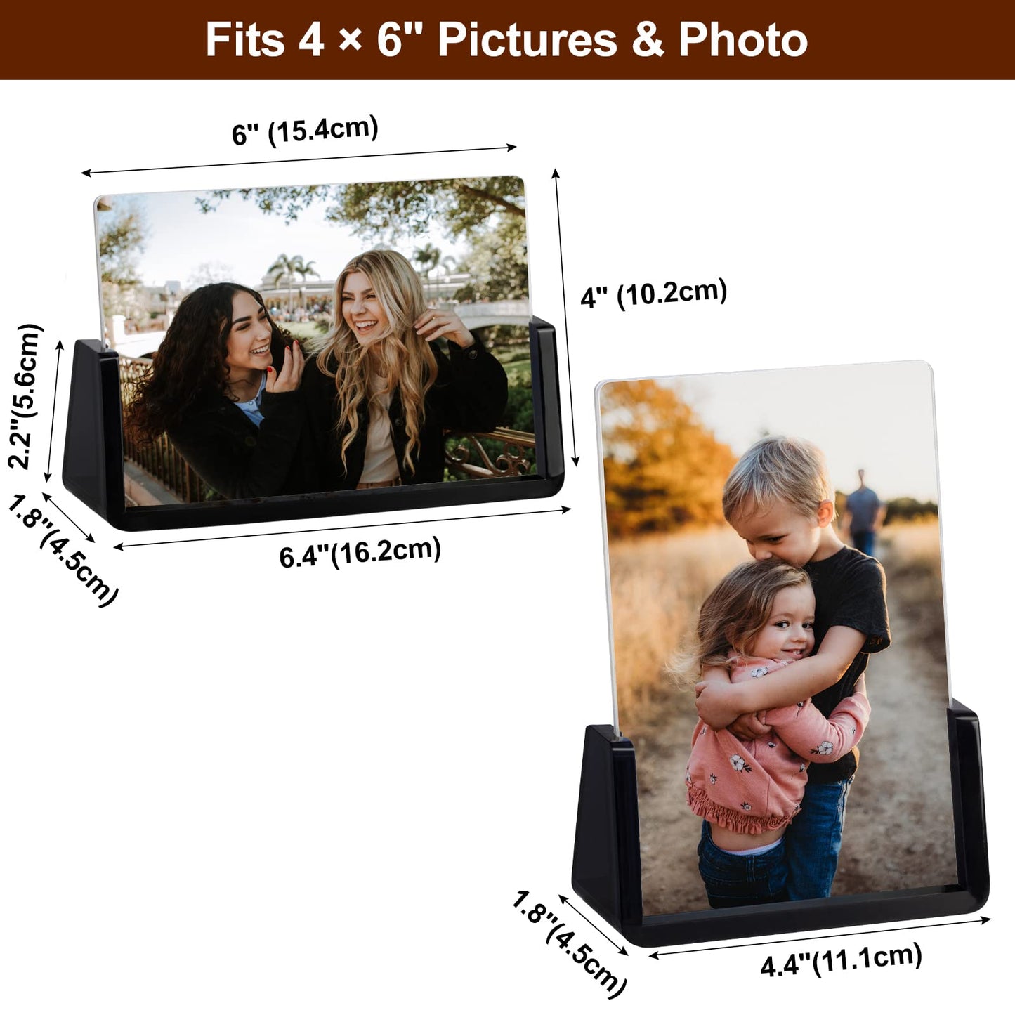 Boxalls 2 Pack Acrylic Picture Frames 4x6 with Translucent Black Base Stand, Frameless Photo Frame for Tabletop or Desktop Display (Horizontal + Vertical)