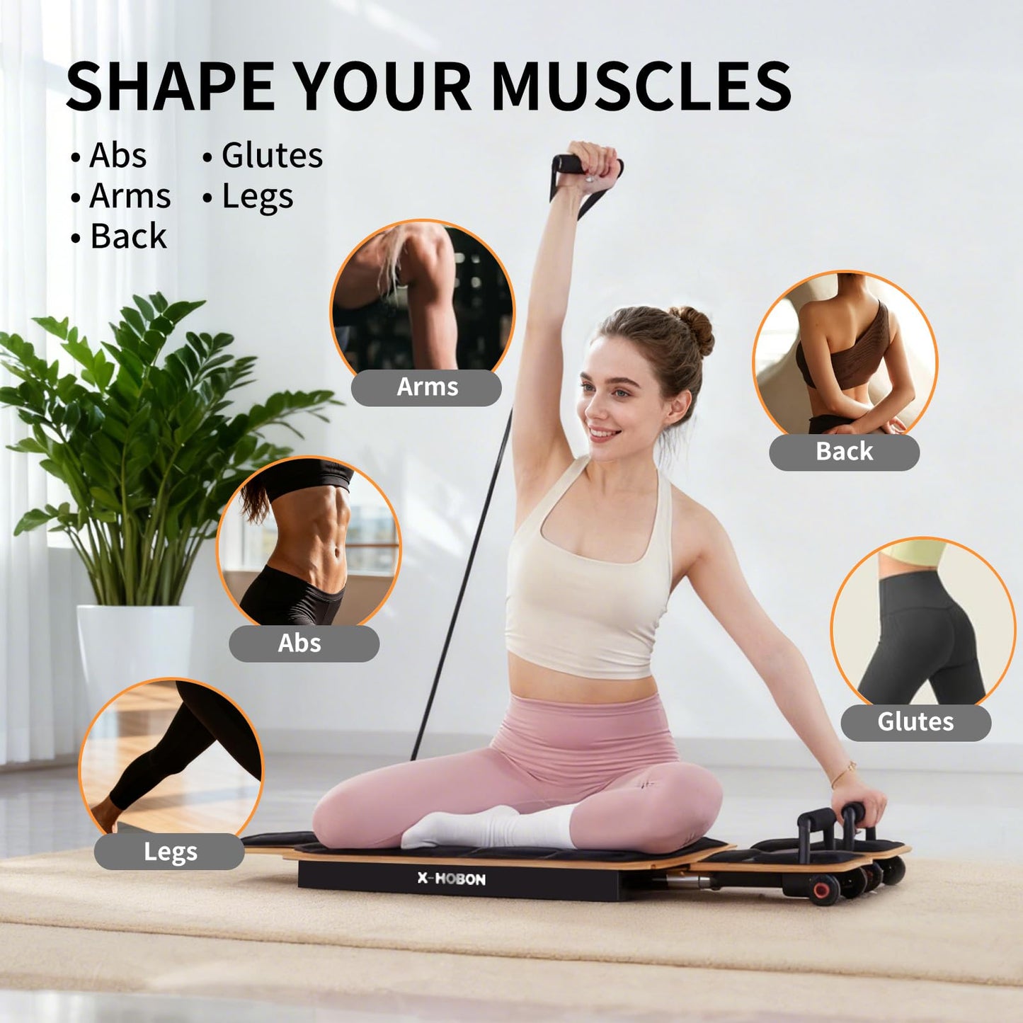 X-HOBON Home Pilates Board Reformer, Pilates Reformer / Gliding Board, Slide Design, Maple & High Strength Steel Rails, Adjustable Resistance Bands, PU Wheels, Quick Assembly (Black)