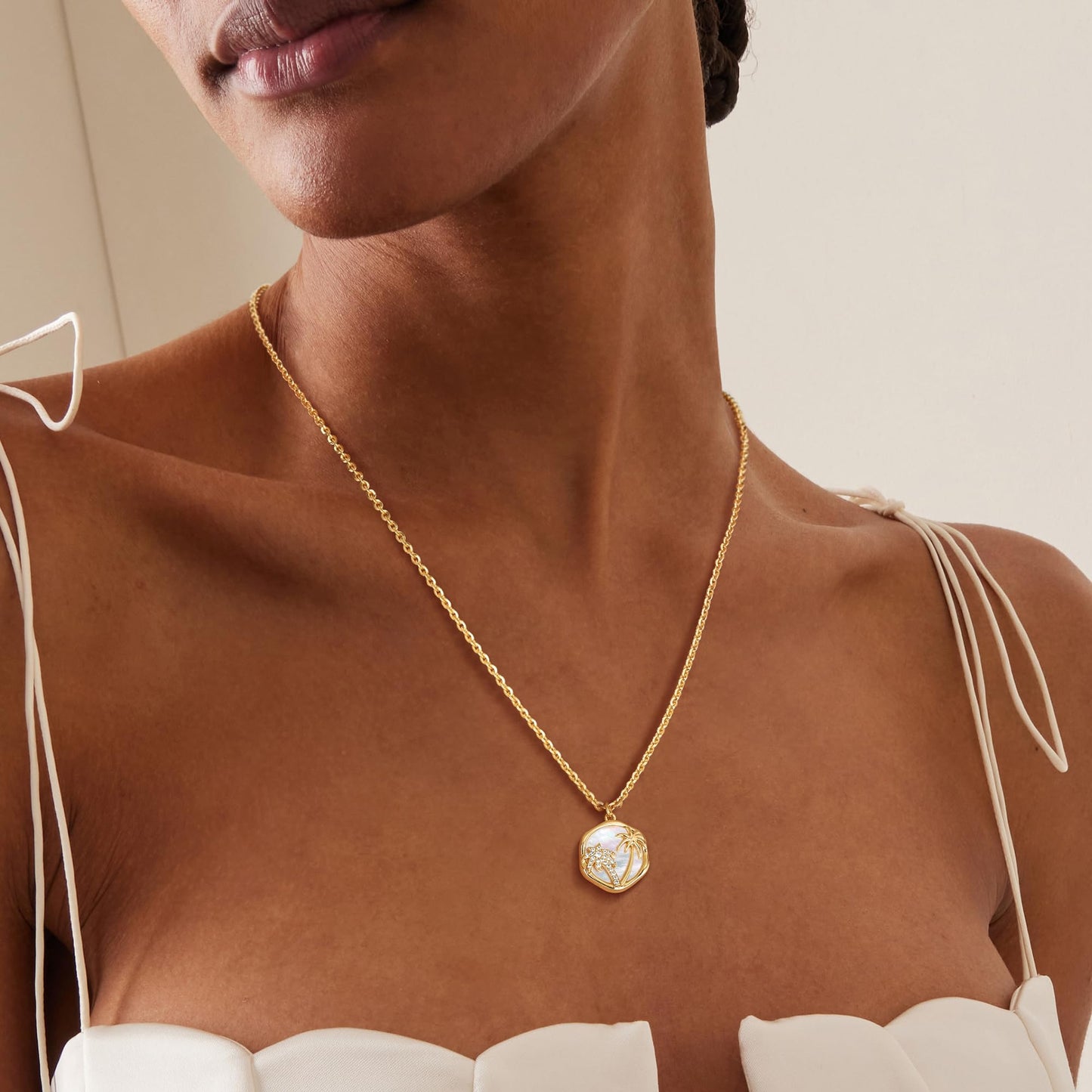 Fettero 14K Gold Plated Necklaces for Women Dainty Mother of Pearl Palm Tree Pendant Charm MOP Gold Coin Necklace Jewelry Gift
