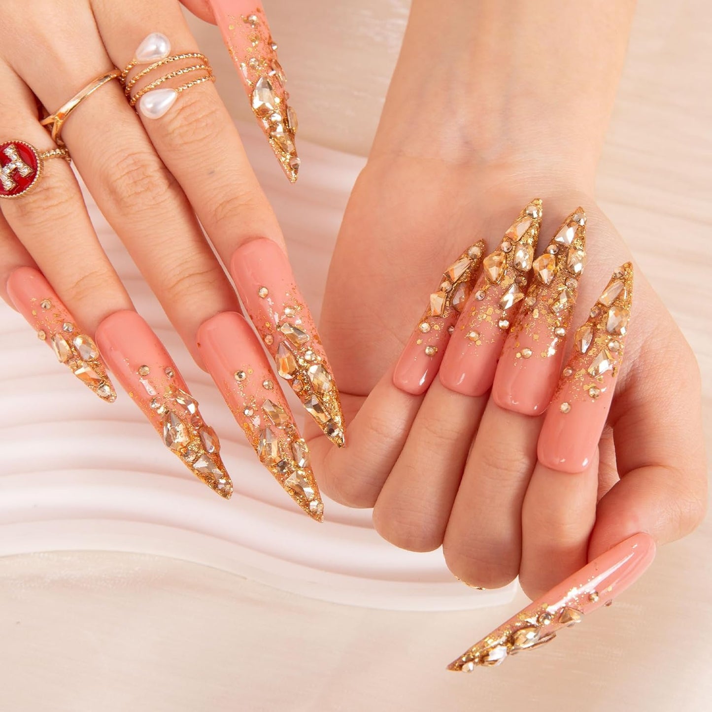 LOVFUL Reusable Press on Nails | Stardust Gold Rhinestone | Salon Quality Sustainable Style Handmade with Full Covered Crystals | Stiletto Long 2.2 in | H84-S