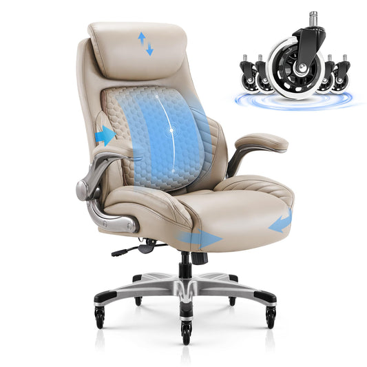 COLAMY Office Ergonomic Desk High Back Executive Chair with Pop-Out Lumbar Support, Upgraded Casters, Adjustable Headrest, Flip-Up Arms, Leather Home with Thick Cushion for Comfort - Khaki