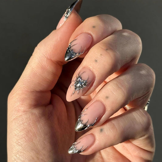 MERVF Press on Nails Almond Medium, Sliver Chrome French Tip Fake Nails Goth Heart Glue ons Acrylic Nail Y2K Design Manicure Glossy 24pcs