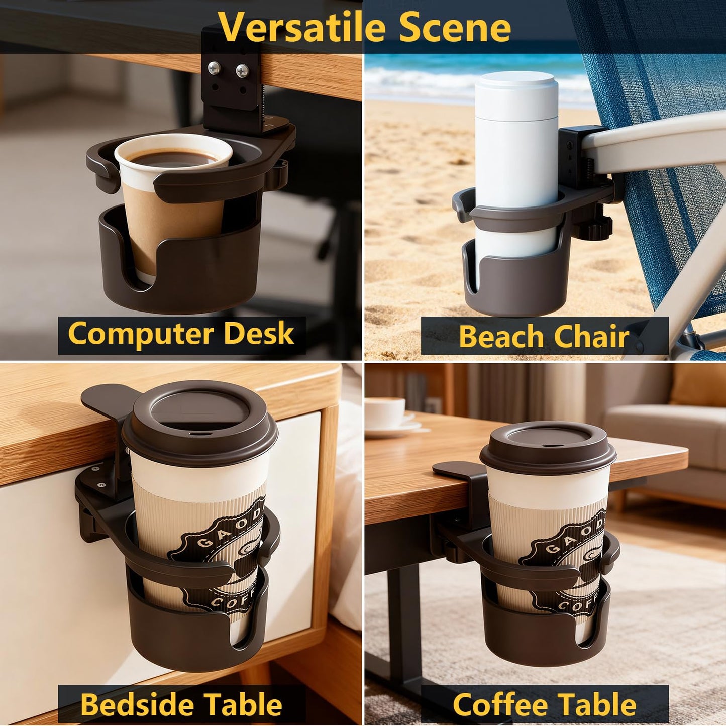 JAXYOOM Desk Cup Holder Clip On 360° Rotating Clamp,Deeper Anti-Spill Drink Holders for Water Bottles & Coffee Mugs,Adjustable Clamp Fits Screw On Table for Drinks,Office,Gaming Desk,Home,Black
