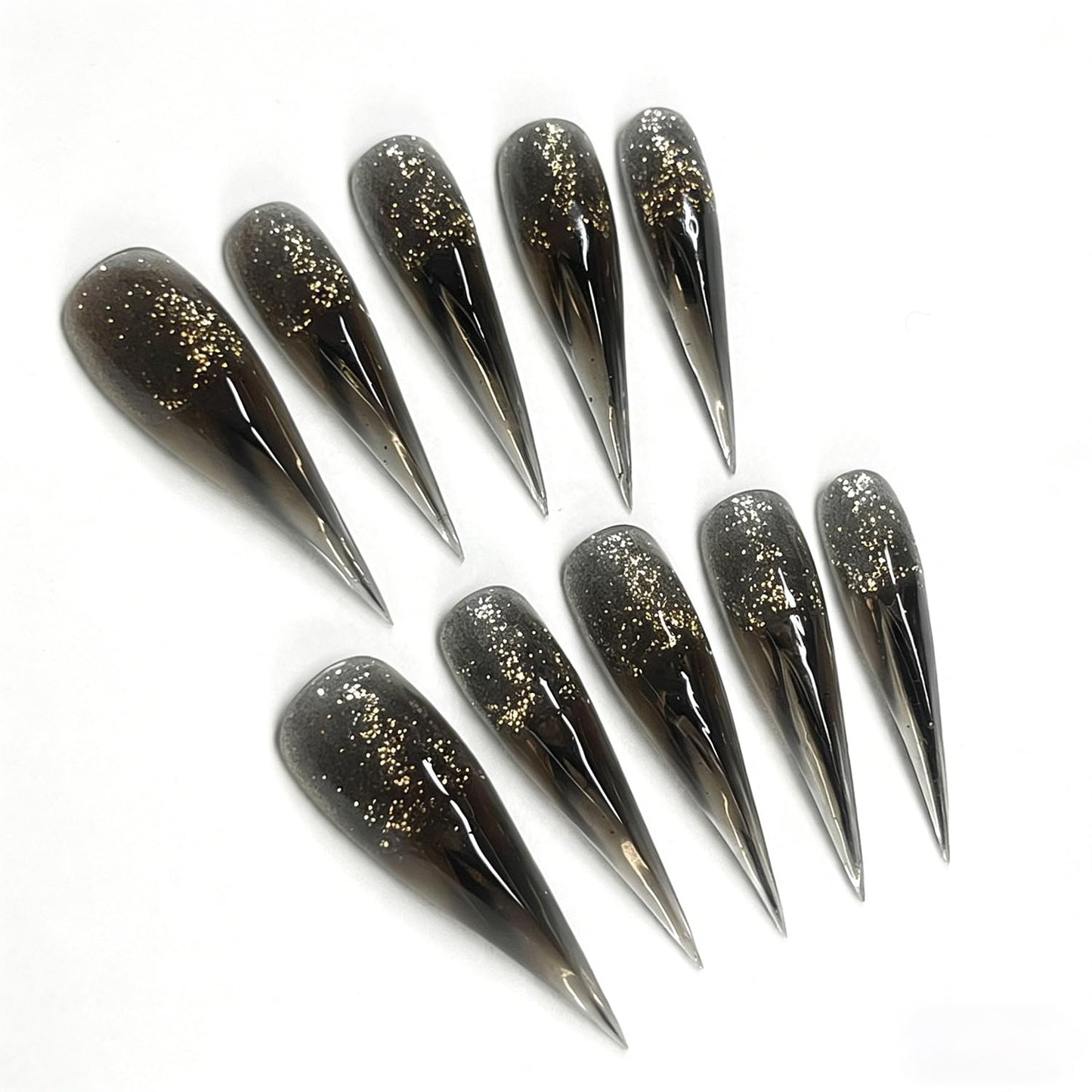 10 Pcs Glitter Handmade Press on Nails Transparent Black Long Dragon Claw Handmade Fake Nails Muti-Layer Gel Luxury False Nails Reusable Acrylic Nail for Women Girs (Size S)