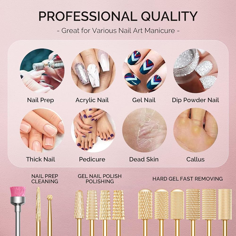 GLIX 13-Piece Professional Nail Drill Bits Set, Gold Tungsten Carbide E File Bits for Acrylic Nails & Gel Polish Removal, Ambidextrous Left/Right Hand Kit with 2XC Typhoon & Safety Cuticle Clean Bits