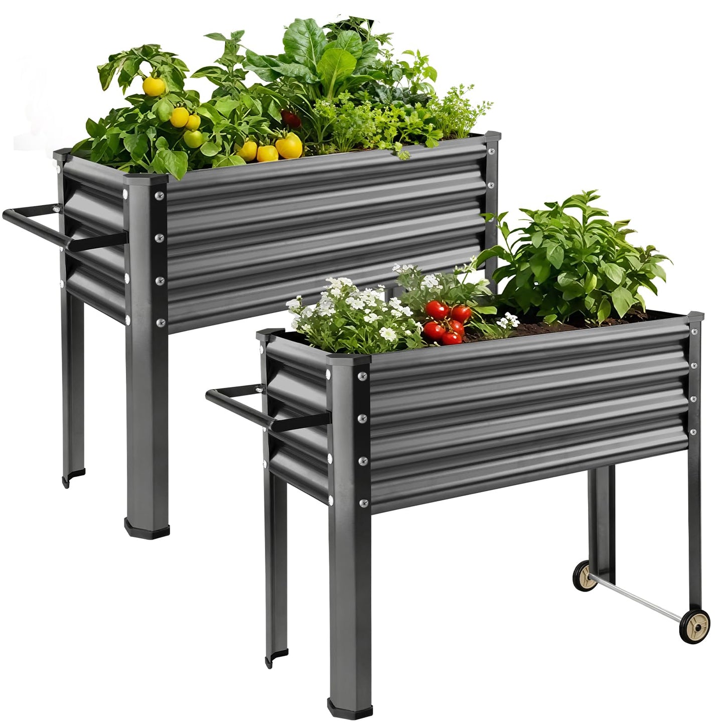 Land Guard 2 Pack Galvanized Raised Garden Bed with Legs & Wheels, 48×18×32in Metal Elevated Raised Planter Box for Backyard, Patio, Balcony, 500lb Capacity, Dark Grey