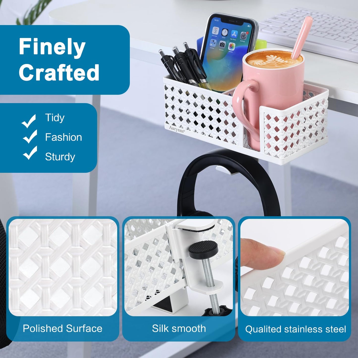 Aurynns Desk Cup Holder, Clip on Cup Hook, Pen Holder Clamp Desk Organizer Pencil Holder Phone Holder Desk Storage for Office School Home (White)