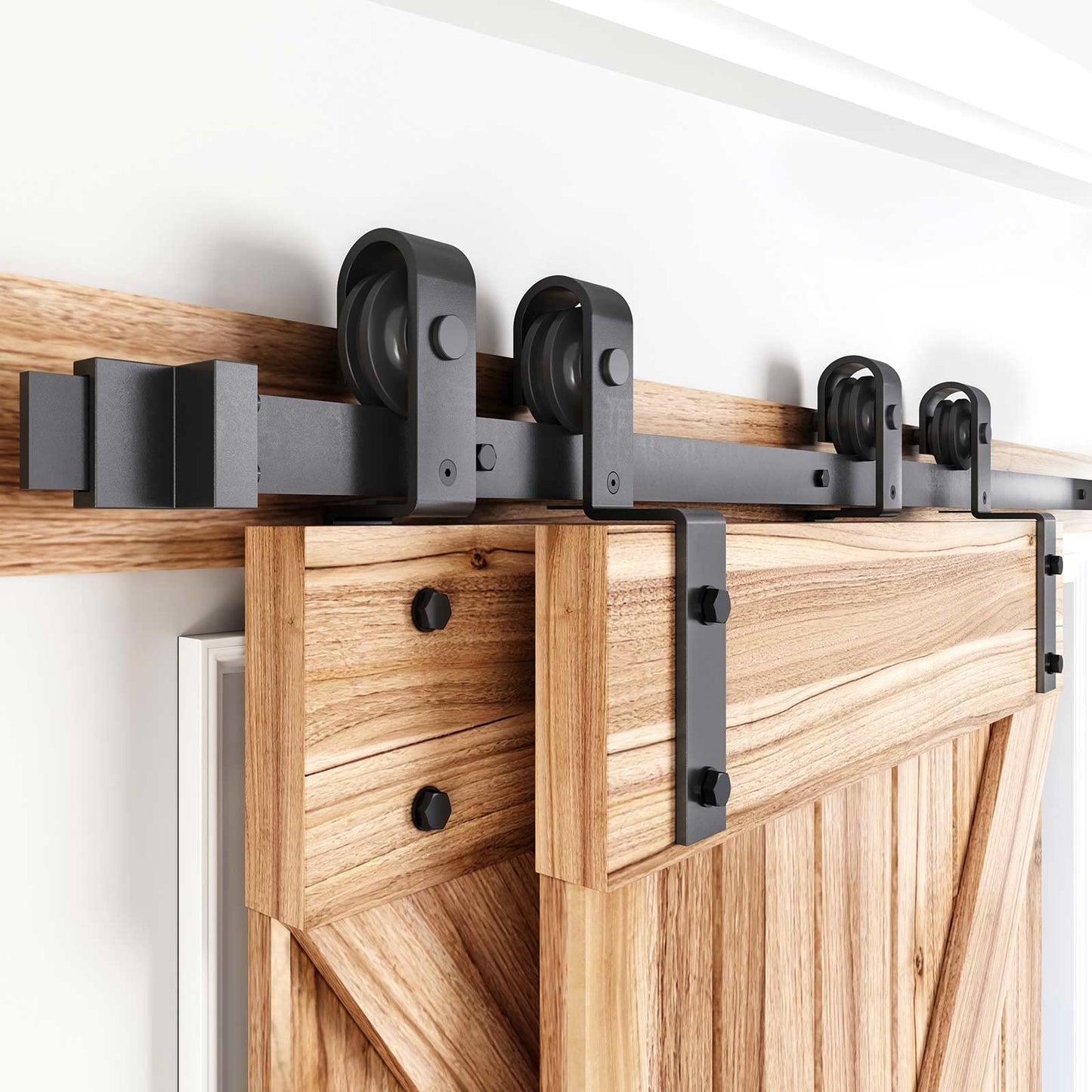 EaseLife 12 FT Bypass Double Sliding Barn Door Hardware Kit,Single Track, Slide Smoothly Quietly, Easy Install (12FT Track Kit for Double 77" Wide Door)