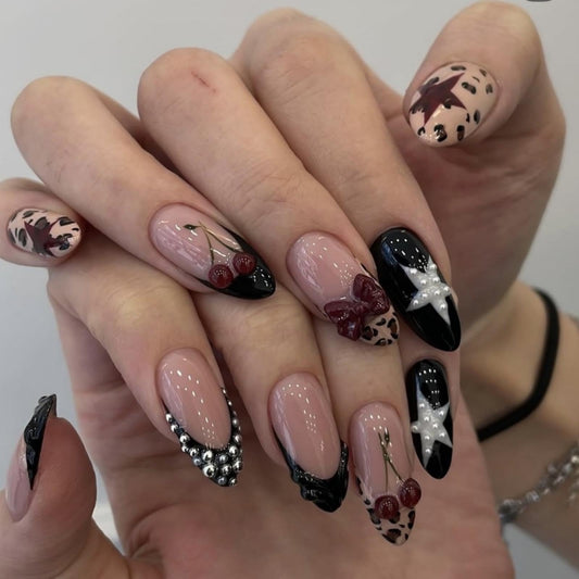 French Tips Press on Nails Medium Almond Fake Nails with 5D Bow Charm Design Glossy Leopard Prints Star Nails Press on Reusable Pearl Cherry False Nail Spring Summer Nail for Women Manicure 24Pcs