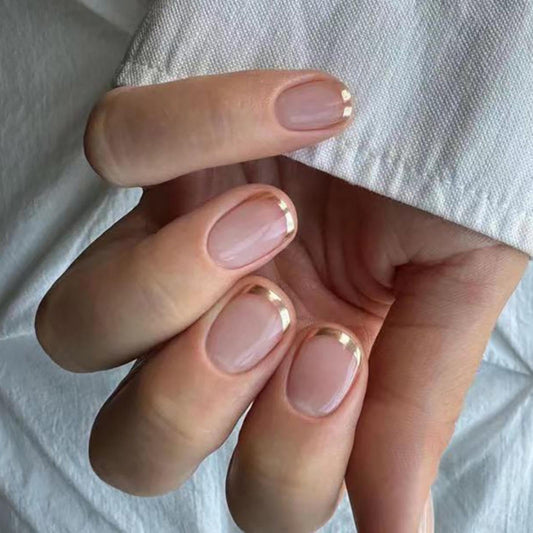 Gold French Tip Press on Nails Short Fake Nails with Design Square Acrylic Glue on Nails Glossy Full Cover Nude Stick on Nail Reusable Artificial Squoval False Nail for Women Girls Manicure 24pcs