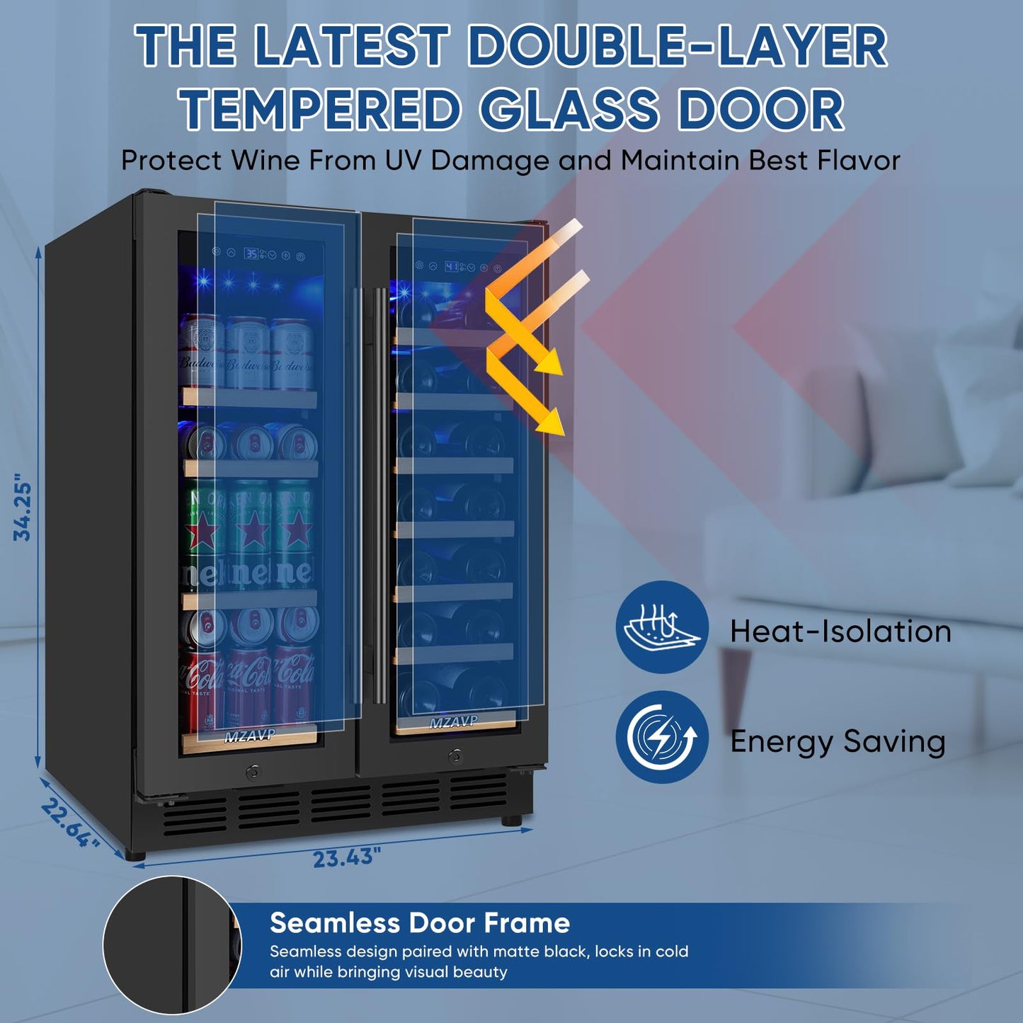 Wine and Beverage Refrigerator 24", Upgraded Dual Zone Wine Beverage Cooler with Glass Door and French Door, Large Capacity Beer Fridge Holds 21 Bottles & 88 Cans, Built-In or Freestanding - Black