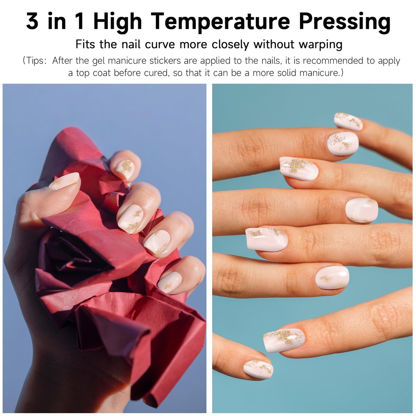DUKASOU Semi Cured Gel Nail Strips 28 pcs French Nail Stickers for Women (Gold foil Stamping) Full Nail Wraps -UV Lamp Required Long Lasting Easy to Apply