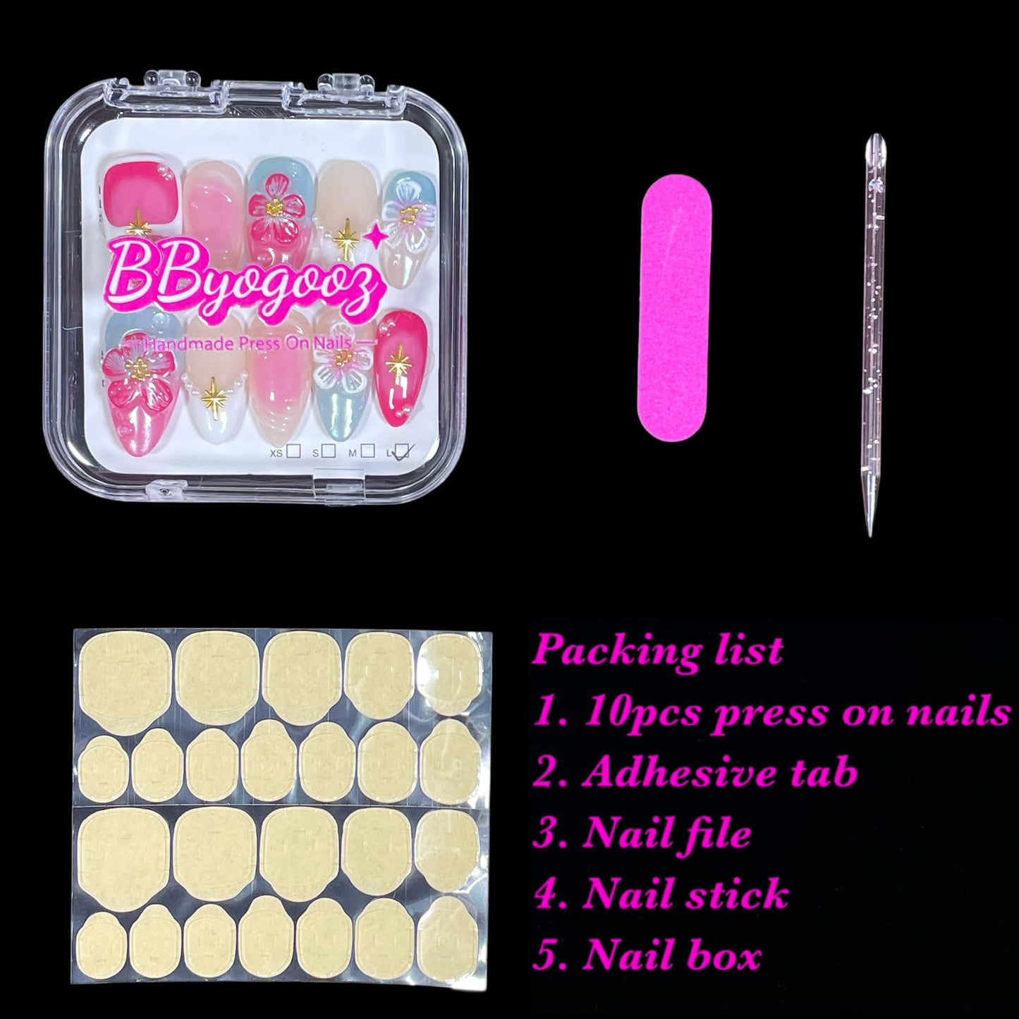 Handmade Press On Nails, Medium Almond Shape, Cherry Blossom Design with Gold Stars, Pearl Accents, Pink Blue Nude Colors, 3D Floral Reusable Acrylic False Nails (Bouquet lace, L)