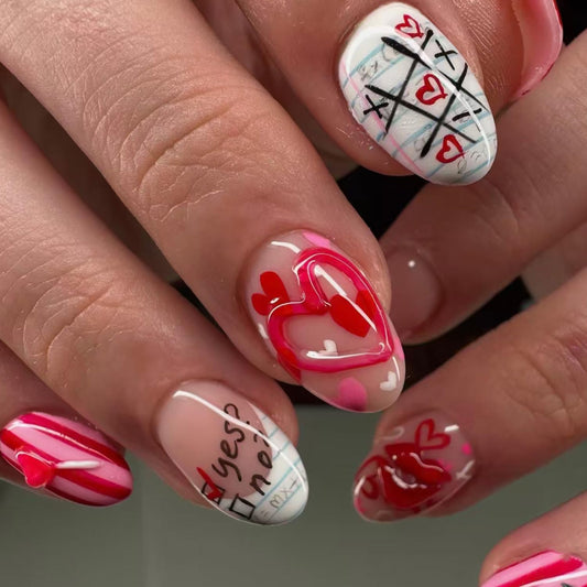 30Pcs Valentines Press on Nails Short Artificial Almond Acrylic Fake Nails French 3D Translucent Love Stick on Nail Full Cover Love Reusable Coffin Artificial Fingernails for Women Festival Manicure