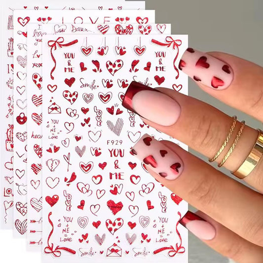 4Pcs Red Valentine's Day Nail Art Stickers - Love Heart Nail Decals, 3D Self-Adhesive Laser Red Hollow Hearts Glitter Designs for DIY 3D Nail Supplies Decoration Romantic DIY Manicure Accessories