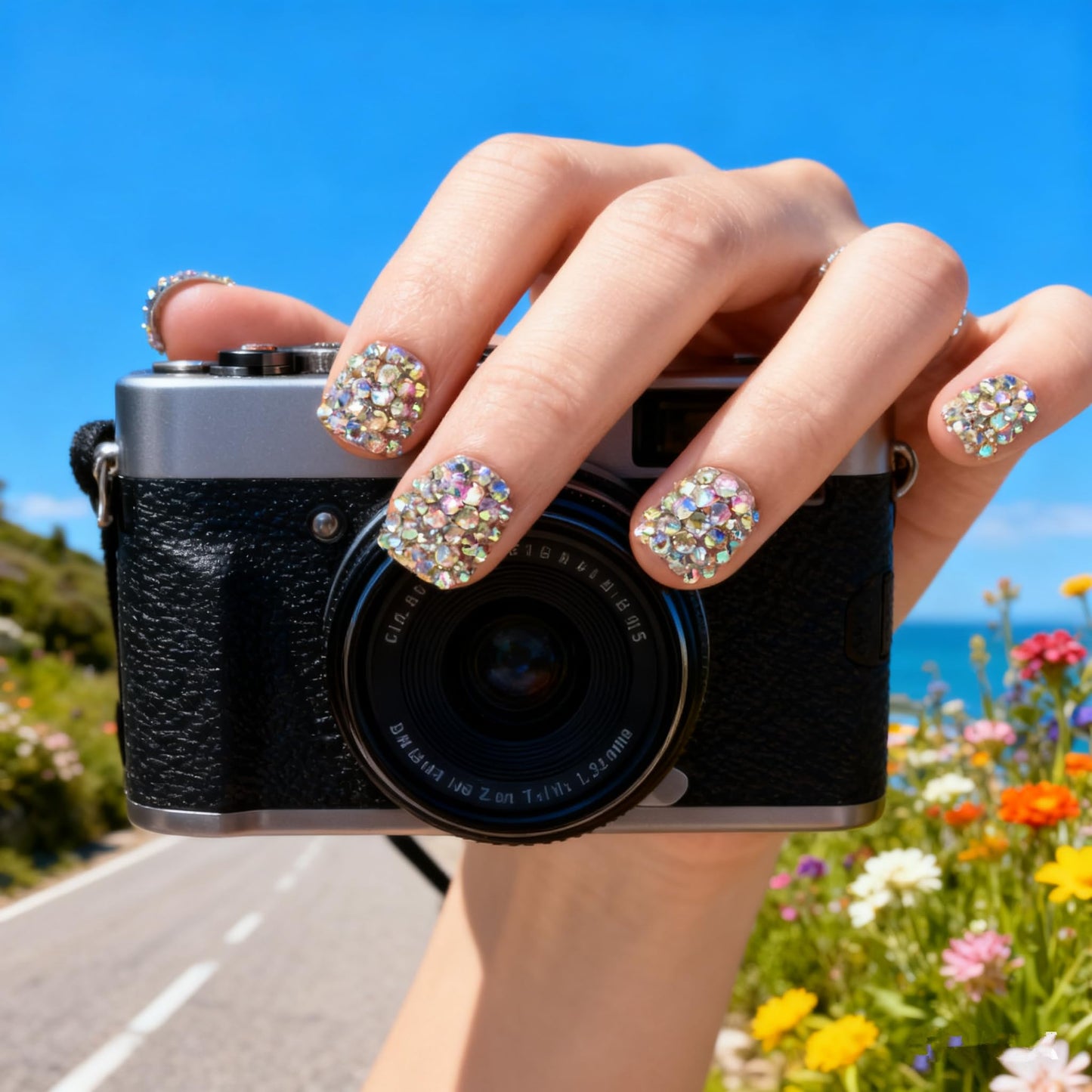 LINSSQ Full Cover 3D Shiny Crystal Press on Nails 24pcs, Short Squoval False Nails, Beauty Manicure Kits Reusable Fake Finger Rhinestones Nail Art Tips for Daily Office Party