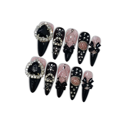 Hantyer Y2K Kawaii Goth Press on Nails with Tools Kit, Long Stiletto Glossy Black Nails, Pink Cat Eye with Black Heart Rhinestones & Bows, Edgy Cute Style for Concerts & Nightlife (Size L)