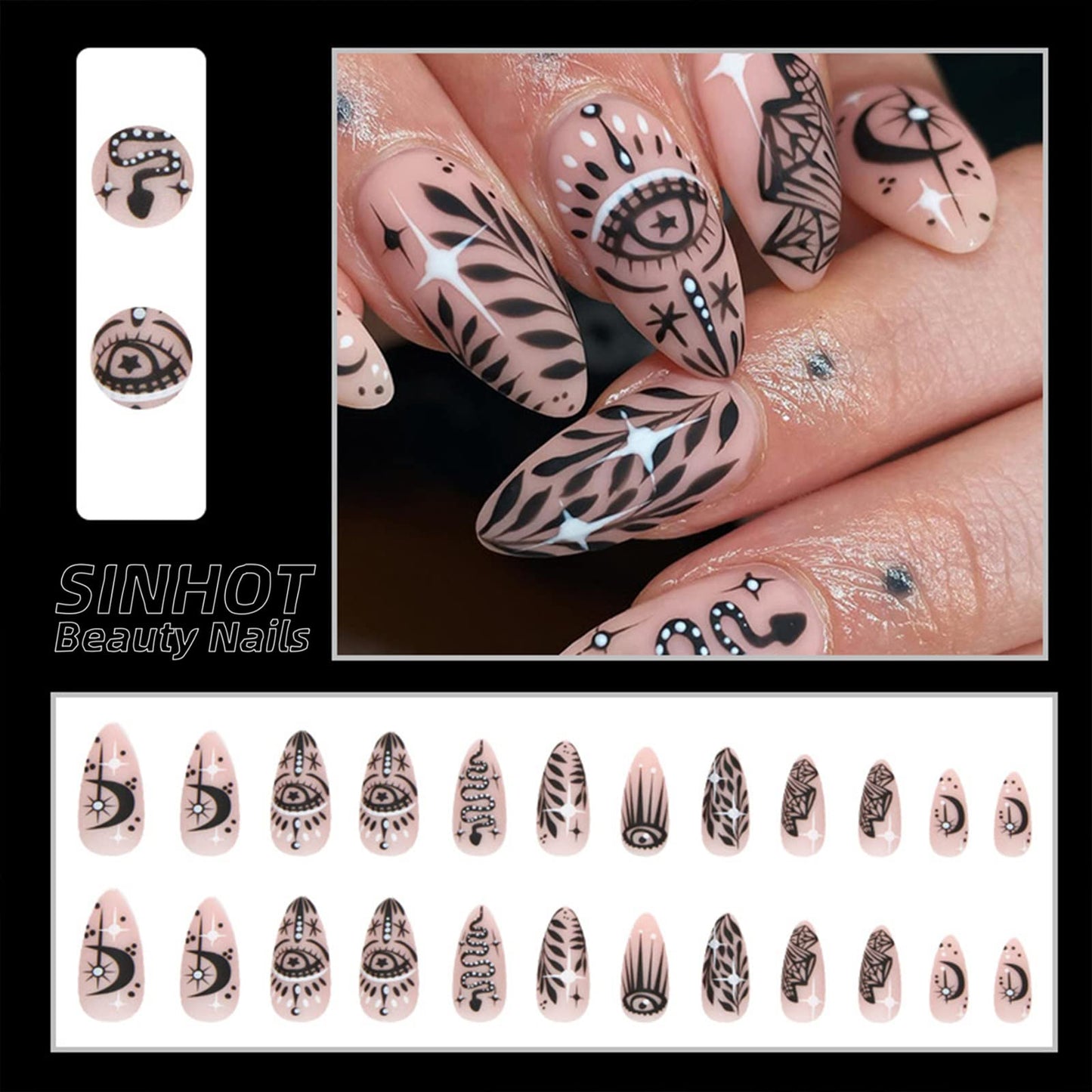 SINHOT Medium Almond Press on Nails Stiletto Fake Nails Glossy Glue on Nails Acrylic Nail Black Graffiti False Nail with Designs 24 pcs