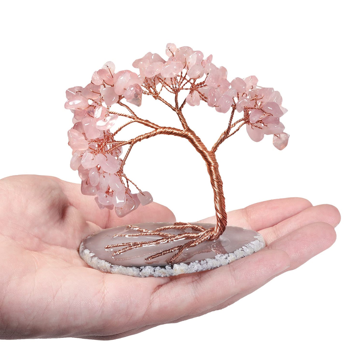mookaitedecor Natural Rose Quartz Crystal Money Tree Agate Slice Base Feng Shui Bonsai Crystal Tree for Wealth Luck Desk Decor, 3-4 Inch High